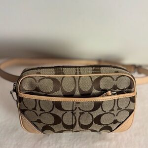 Coach Tan‎ & Brown Signature Belt Bag w/ Leather Trim x Dust-bag & Box